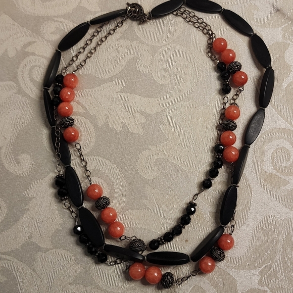 VINTAGE 80s Chunky Layered Necklace WOODEN METAL GLASS Orange Black Multi-Strand - Picture 3 of 10